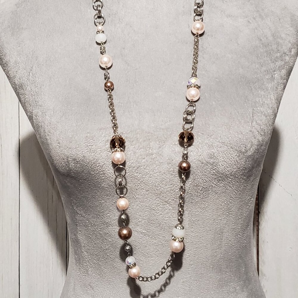 Pink Pearl Necklace Beaded Silver Boho Chic Mod Layering 36" Bronze Cottage